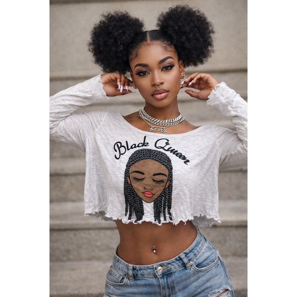 Black Queen Graphic Cropped Long Sleeve Tee Heather Gray Lettuce Edge Hem Top